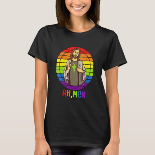 Ah Men Gay Pride Rainbow Flag   Lgbtq Stuff Jesus  T_Shirt