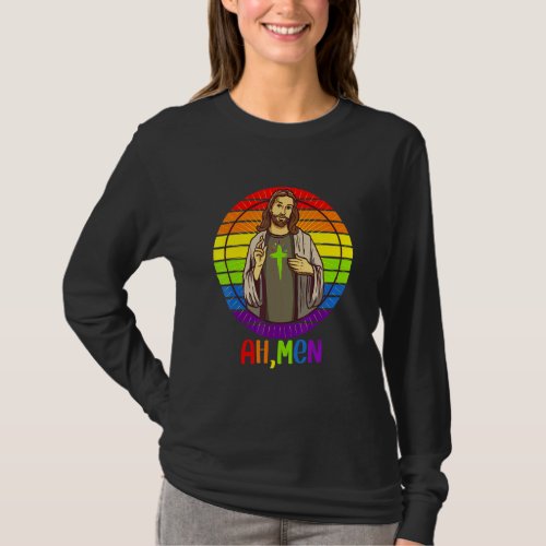 Ah Men Gay Pride Rainbow Flag   Lgbtq Stuff Jesus  T_Shirt