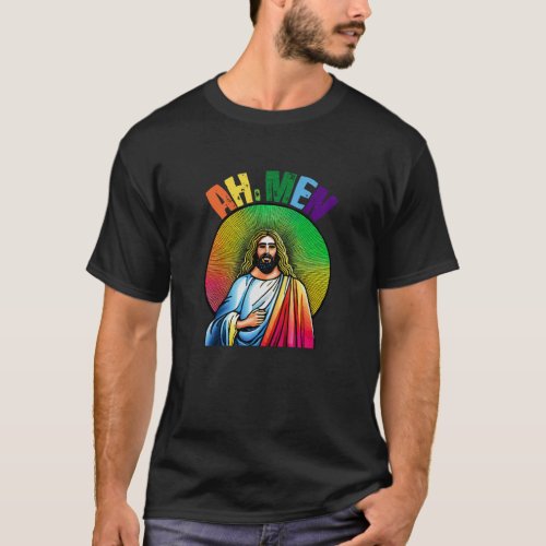 AhMen Jesus Christ LGBTQ Rainbow Colors Christian T_Shirt