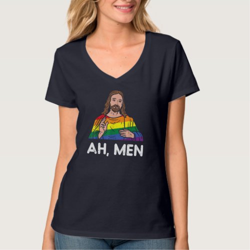 Ah Men Rainbow Gay Jesus Christian LGBT Pride Flag T_Shirt
