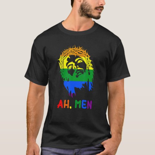 Ah Men Rainbow LGBTQ Pride Flag Gay Jesus Christia T_Shirt