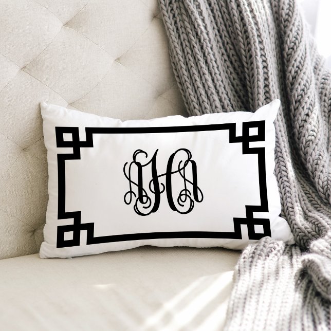 AHA Black and White Greek Key Script Monogram Lumbar Pillow (Creator Uploaded)
