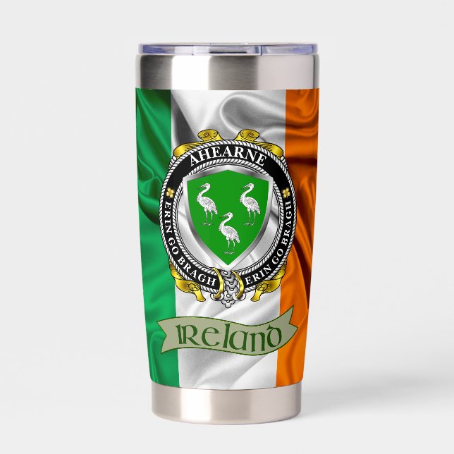 Ahearne/Aherne Irish Shield & Flag Personalized Insulated Tumbler (Front)