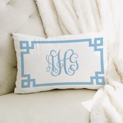 AHG Sky Blue Greek Key Script Monogram Lumbar Pillow