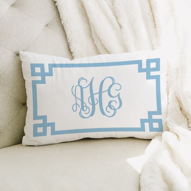 AHG Sky Blue Greek Key Script Monogram Lumbar Pillow (Creator Uploaded)