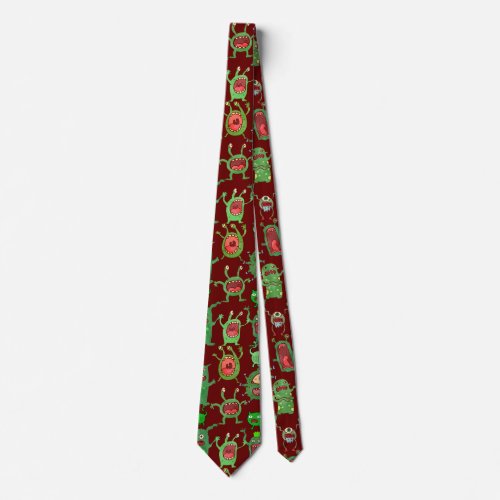 Ahhhhh pattern of Aliens x4 D Red BG Neck Tie