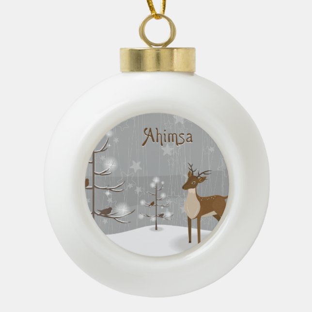 Ahimsa Reindeer Holiday Ceramic Ball Christmas Ornament (Front)