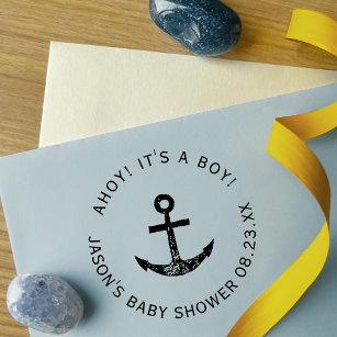 Ahoy! Anchor Nautical Blue Round Baby Shower Self-inking Stamp