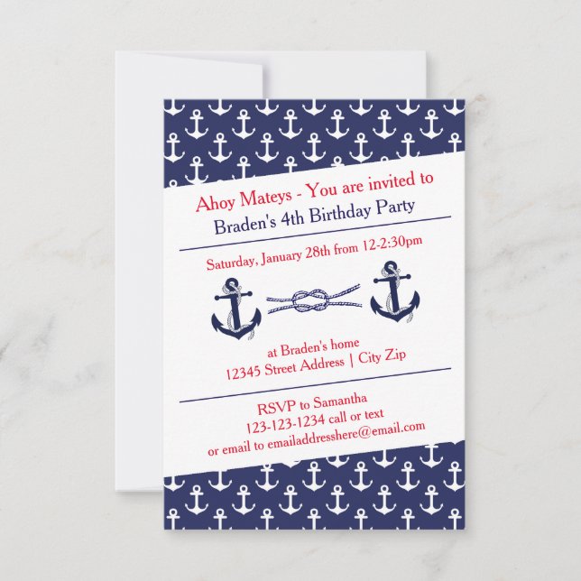 Ahoy Anchors Birthday Party - 3x5 Invitation (Front)