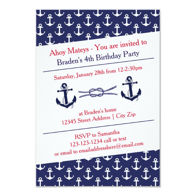 Ahoy Anchors Birthday Party - 3x5 Invitation