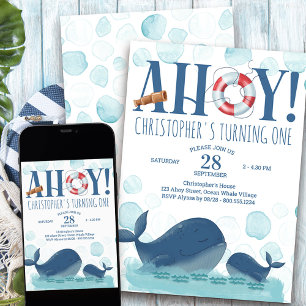 Ahoy Any Age Happy Ocean Whale Birthday Invitation