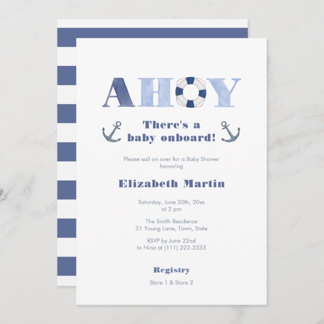 Ahoy Baby On Board Nautical Boy Baby Shower Invitation (Front/Back)