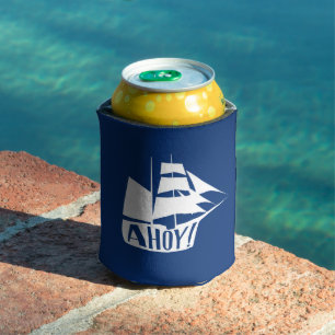 Ahoy! Blue White Sailboat Nautical Can Cooler