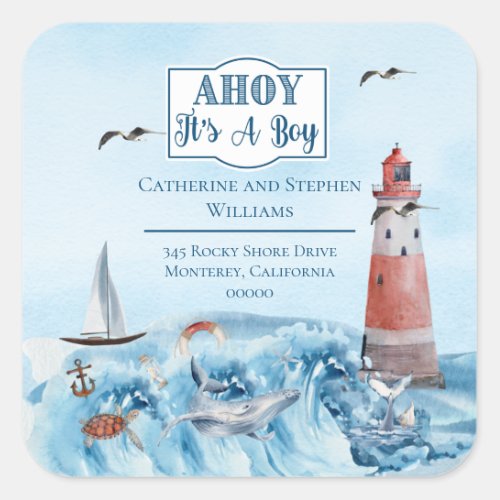 Ahoy Boy Lighthouse Baby Shower Return Address Square Sticker