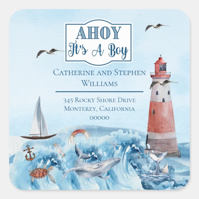 Ahoy Boy Lighthouse Baby Shower Return Address Square Sticker (Front)
