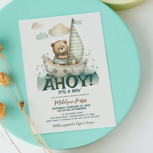 Ahoy Boy Teddy Bear Sailor Boat Sea Baby Shower In Invitation