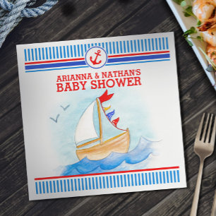 Ahoy boys baby shower boat nautical watercolor napkins