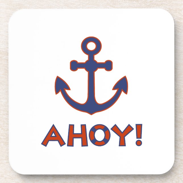AHOY! Buoy + Anchor Design Red+Blue Beverage Coaster (Front)