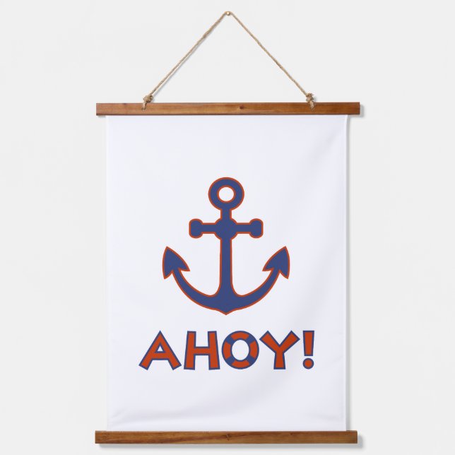 AHOY! Buoy + Anchor Design Red+Blue Hanging Tapestry (Front)