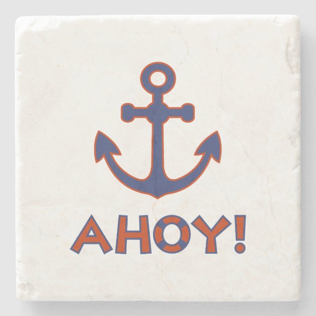 AHOY! Buoy + Anchor Design Red+Blue Stone Coaster (Front)