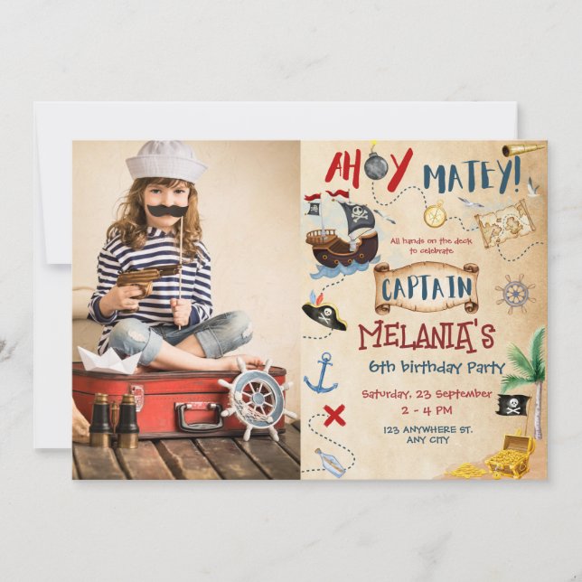 Ahoy Captain Treasure Pirate kids Birthday Party Invitation (Front)