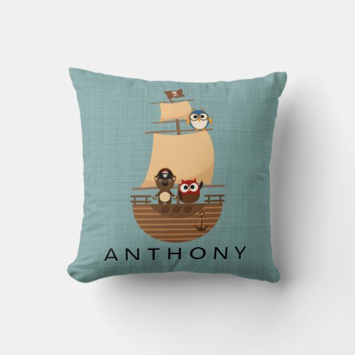 Ahoy Cute Animal Pirate Ship Nursery Decor Throw Pillow