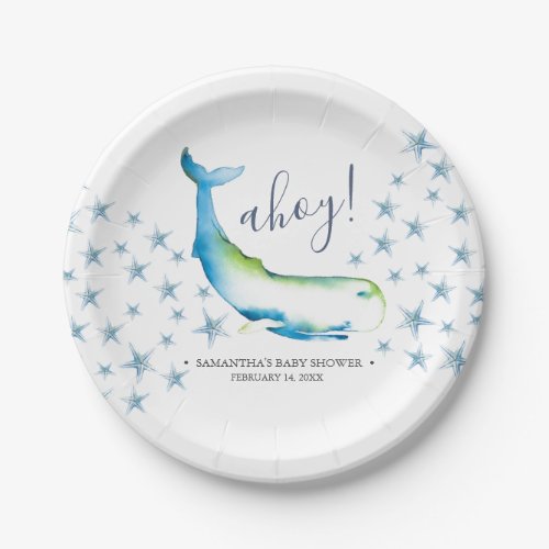 Ahoy Cute Blue Whale Baby Shower Paper Plates