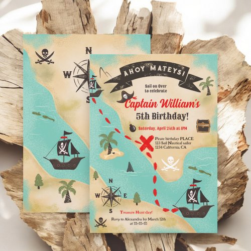 Ahoy Fun Pirate treasure Map kids 5th birthday Invitation