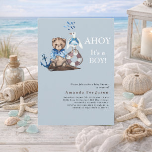 Ahoy it is a boy teddy bear sailor Baby Shower Invitation