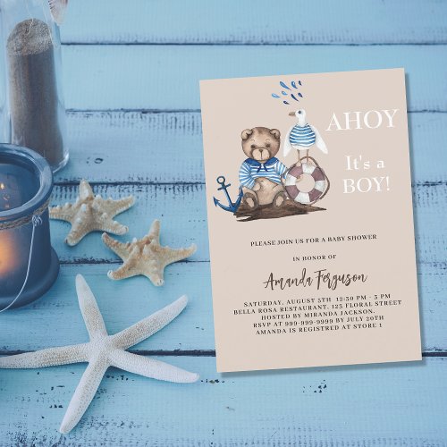 Ahoy it is a boy teddy bear sailor Baby Shower Invitation