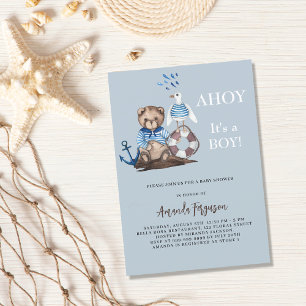 Ahoy it is a boy teddy bear sailor Baby Shower Invitation