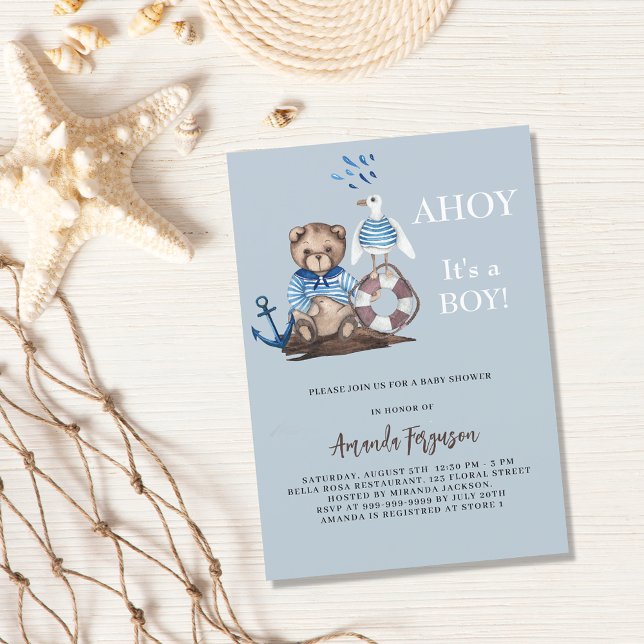 Ahoy it is a boy teddy bear sailor Baby Shower Invitation (Creator Uploaded)