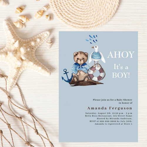 Ahoy it is a boy teddy bear sailor Baby Shower Invitation