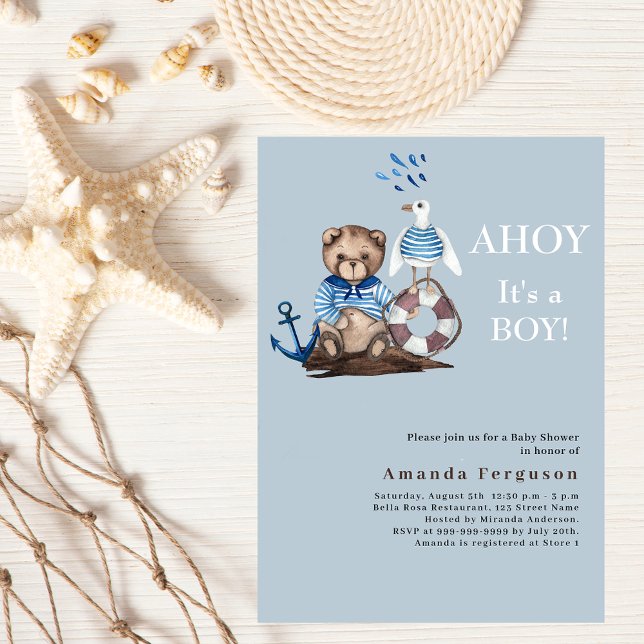 Ahoy it is a boy teddy bear sailor Baby Shower Invitation (Creator Uploaded)