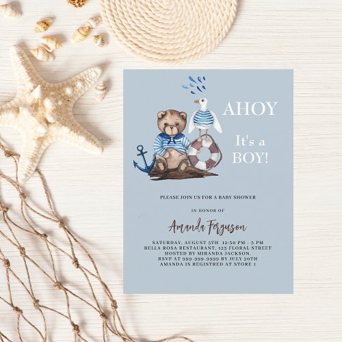 Ahoy it is a boy teddy bear sailor Baby Shower Invitation Postcard