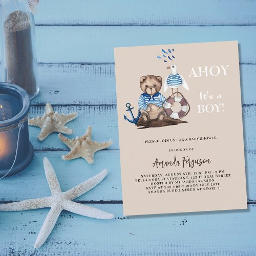 Ahoy it is a boy teddy bear sailor Baby Shower Invitation Postcard