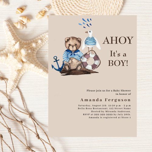 Ahoy it is a boy teddy sailor beige Baby Shower Invitation