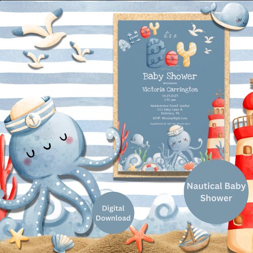 Ahoy Its a Boy Blue Nautical Baby Shower Invitation