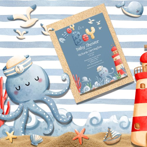 Ahoy Its a Boy Blue Nautical Baby Shower Postcard