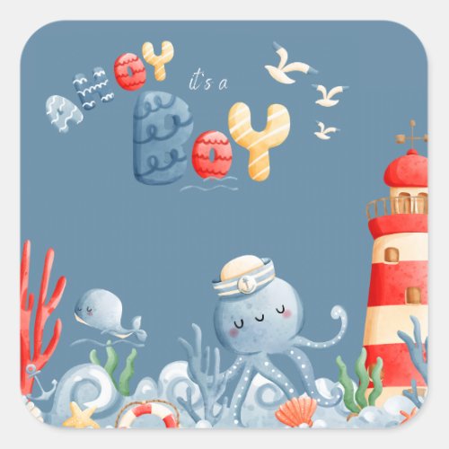 Ahoy Itâs a Boy Blue Nautical Baby Shower Square Sticker