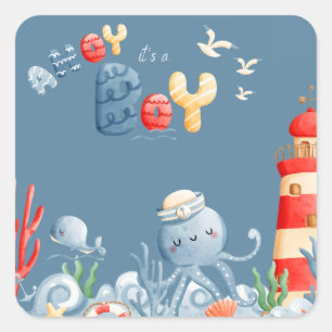 Ahoy It’s a Boy Blue Nautical Baby Shower Square Sticker
