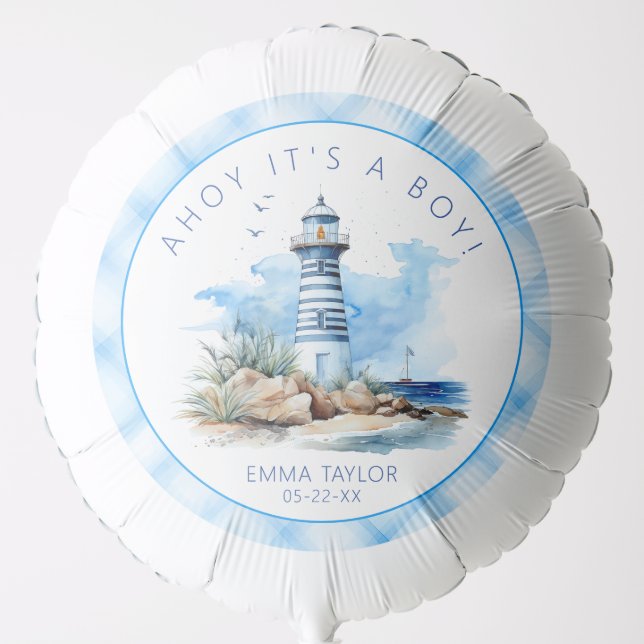Ahoy It’s a Boy Nautical Lighthouse Baby Shower Balloon (Front)