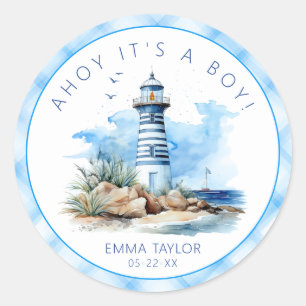 Ahoy It’s a Boy Nautical Lighthouse Baby Shower Classic Round Sticker