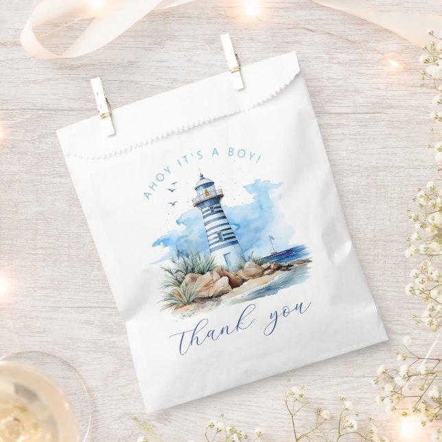 Ahoy It’s a Boy Nautical Lighthouse Baby Shower  Favor Bag (Clipped)