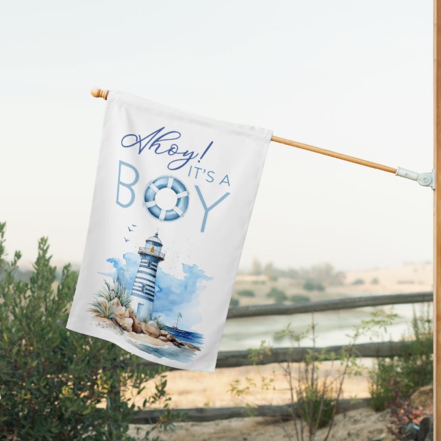 Ahoy It’s a Boy Nautical Lighthouse Baby Shower House Flag (Insitu (Back))
