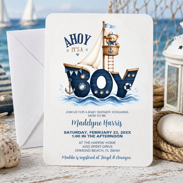 Ahoy It’s a Boy Nautical Sailboat Bear Shower Invitation (Creator Uploaded)