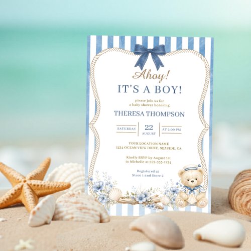 Ahoy It’s a Boy Nautical Teddy Bear Baby Shower Invitation