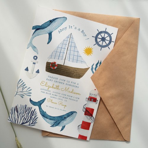 Ahoy Its a boy Sail Whale Lighthouse Baby Shower Invitation