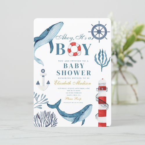 Ahoy Itâs a boy Sailor Whale Sea Baby Shower  Invitation