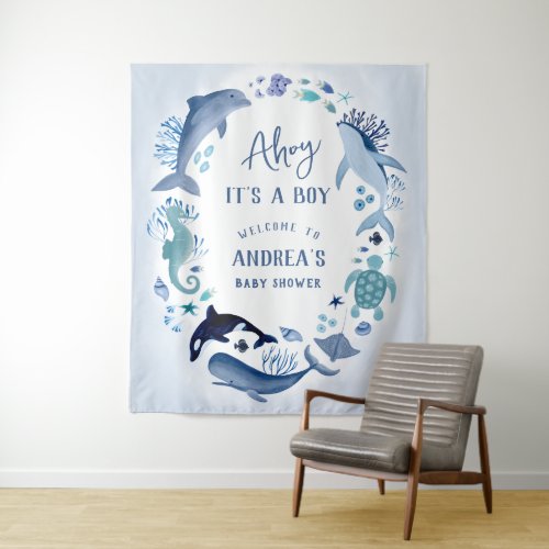 Ahoy Its a Boy Under the Sea Blue Baby Shower Tapestry